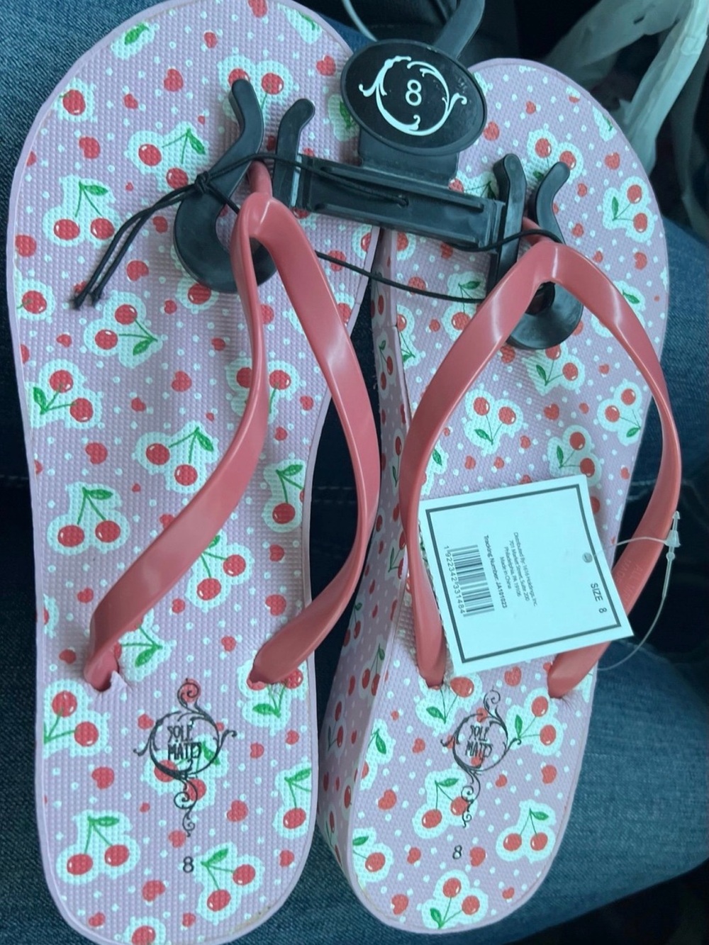 Cherry Print Pink Flip Flops with Coral Straps